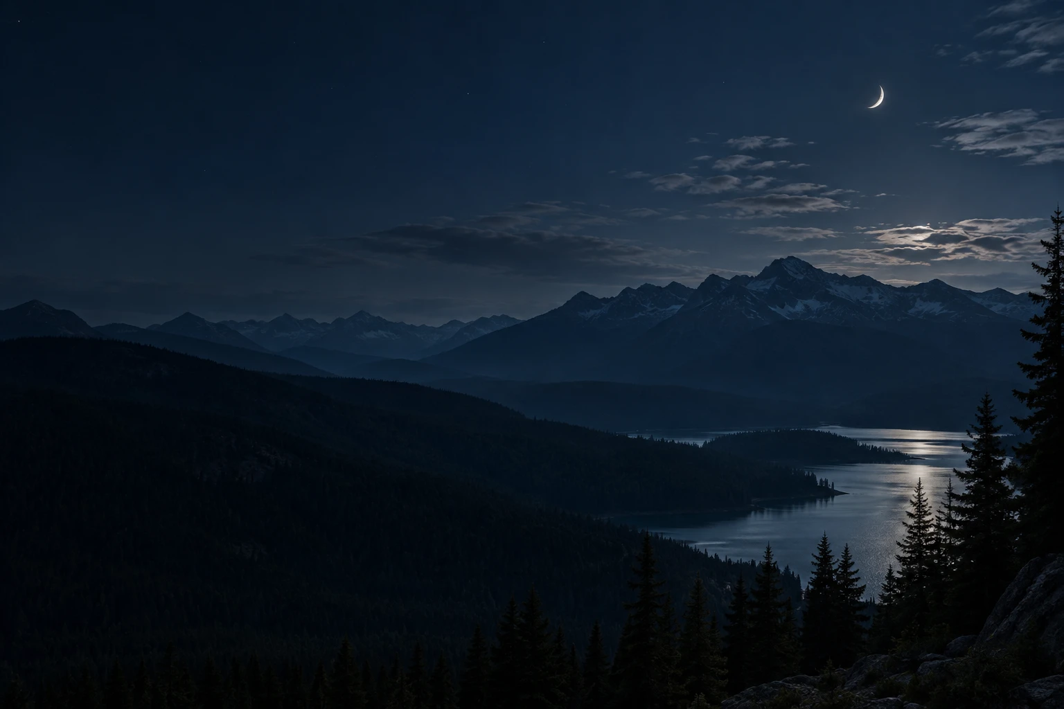 Moonlit mountains and a forest lake, an atmospheric setting for night observation