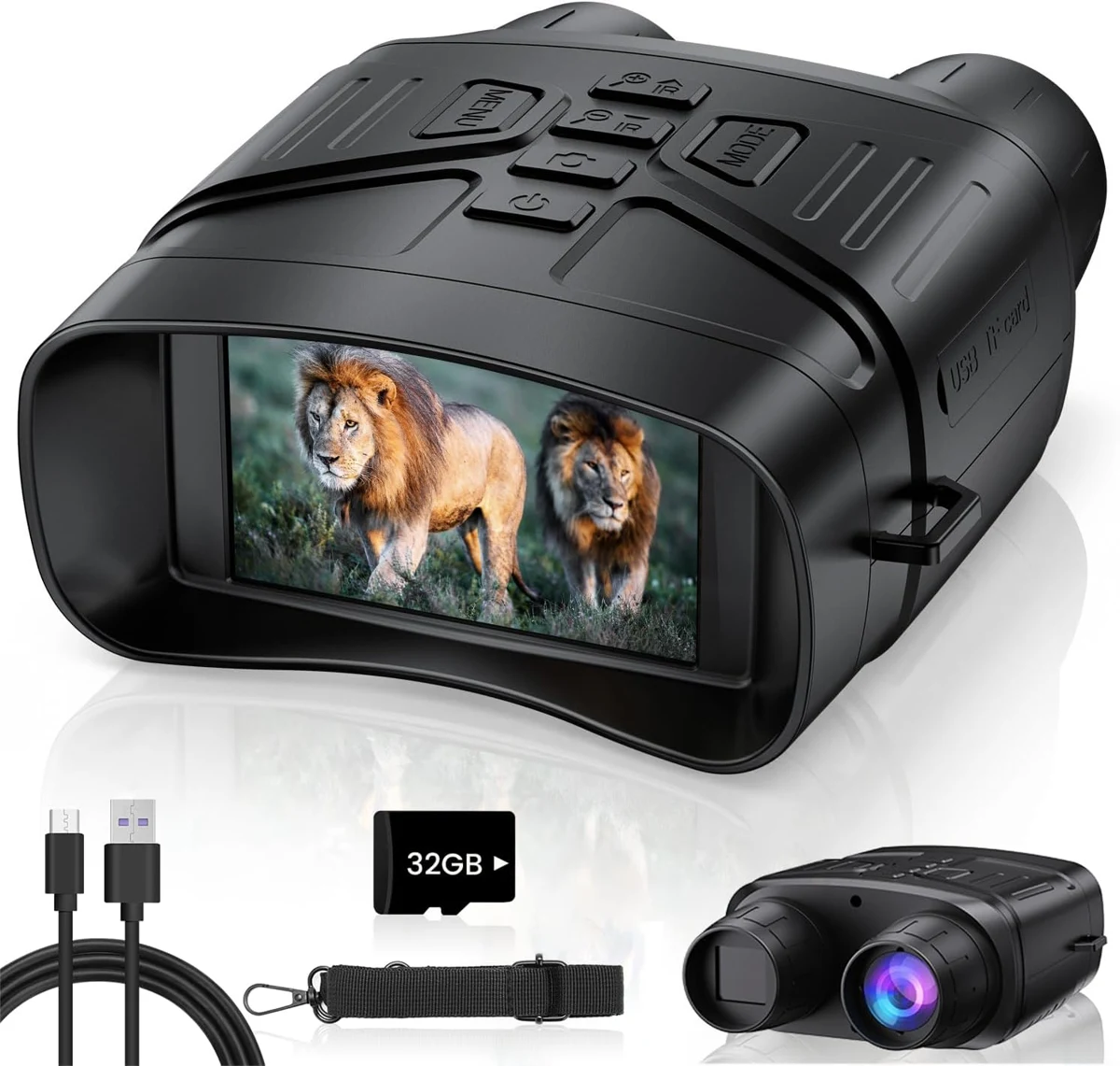 Vtiisamao 3-inch digital night vision binoculars with 32 GB card, cable and strap